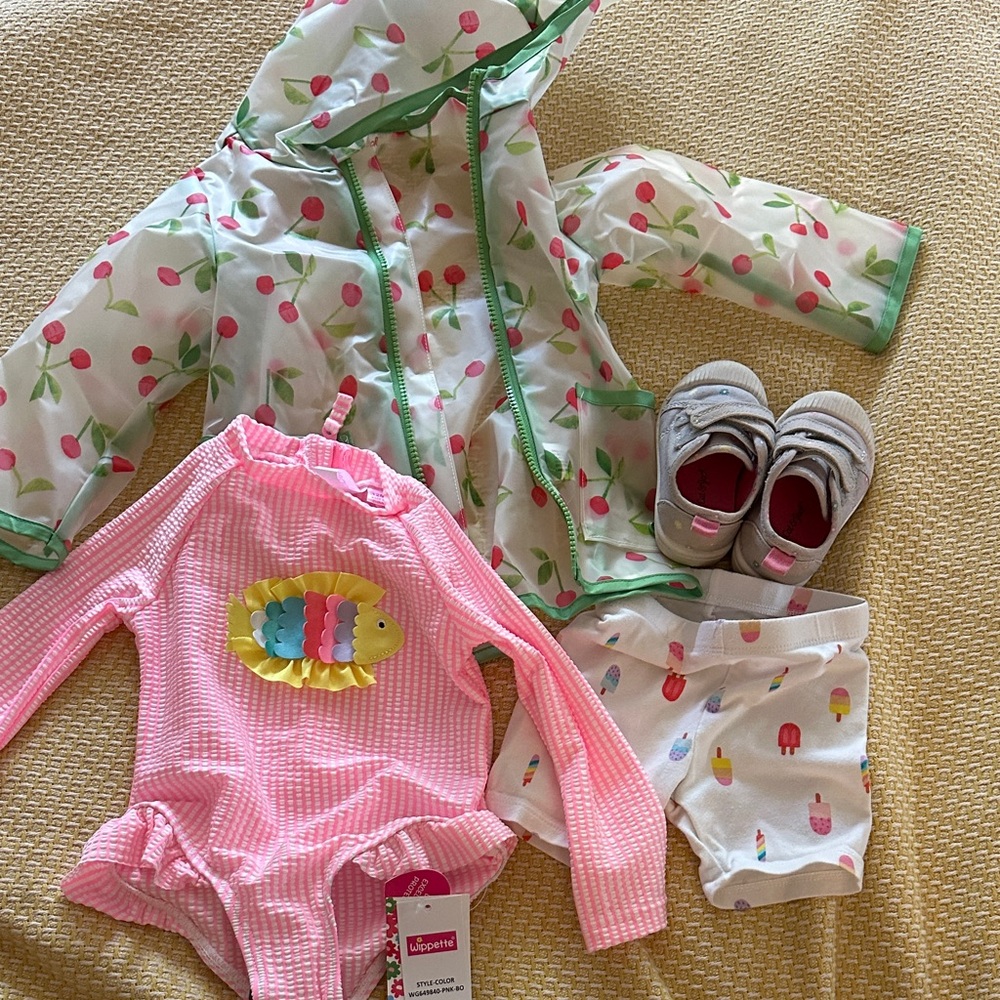 Iplaybykids Pink Seersucker Fish One-Piece Swimsuit with Cherry Rain Jacket